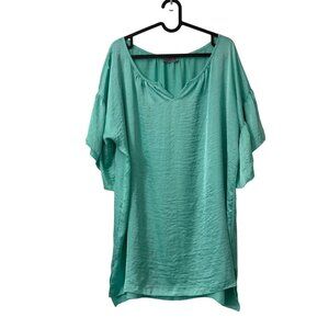 Tutu & Lilli Teal Satin Split Neck Flutter Sleeve Oversized Blouse Top Size Larg